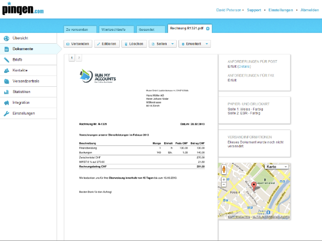 Rechnungen online versenden mit Run my Accounts und Pingen