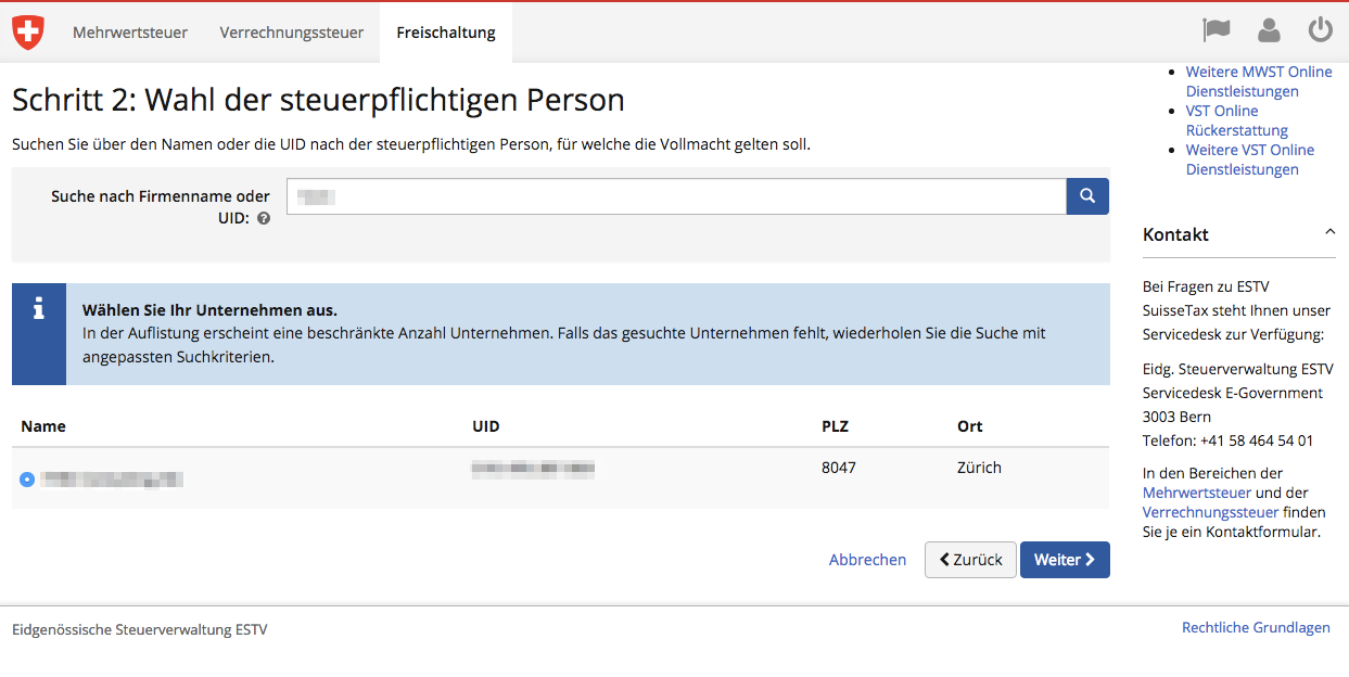 Elektronische MWST Abrechnung Freischaltung