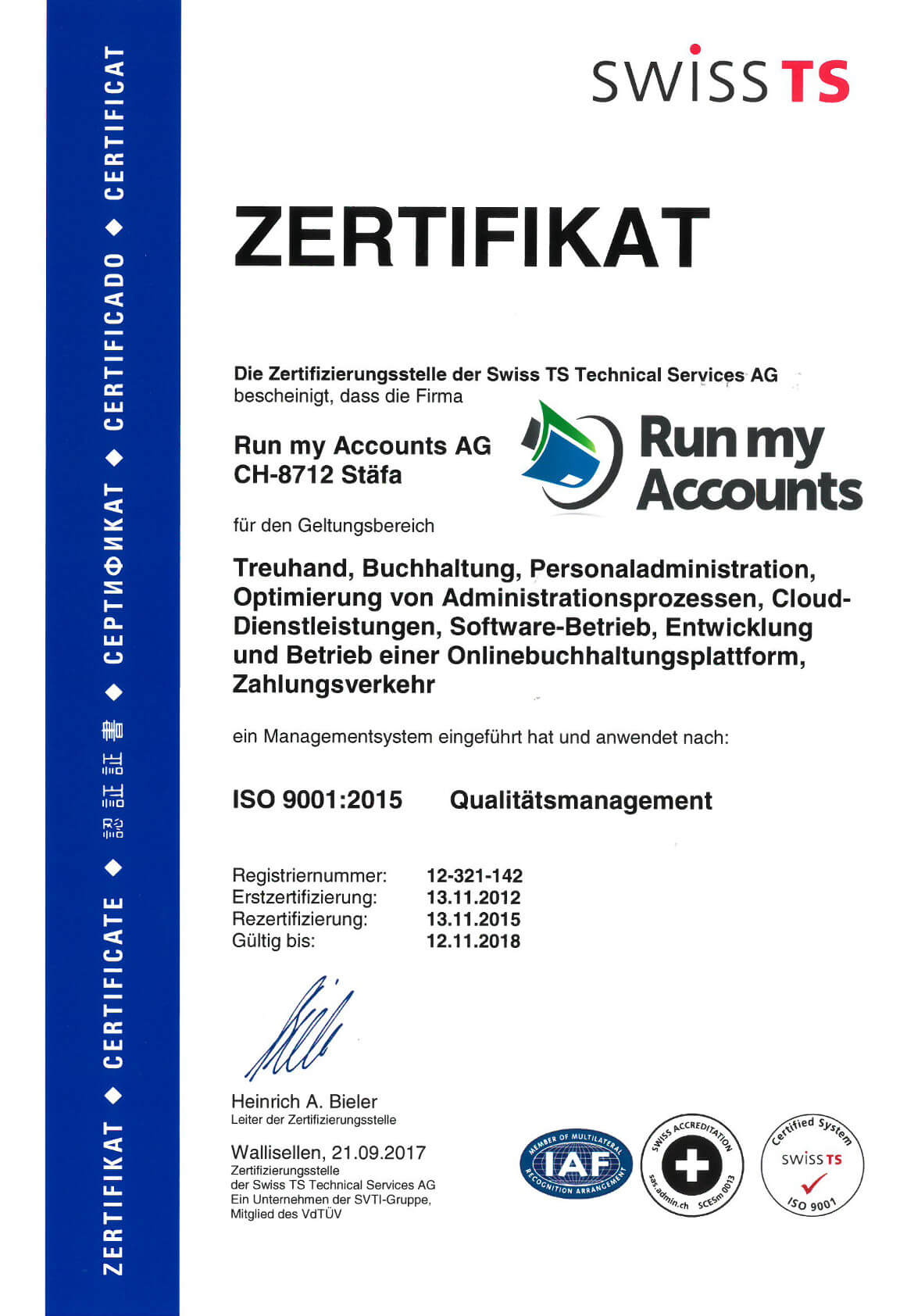 ISO 9001:2015 Zertifikat Run my Accounts AG