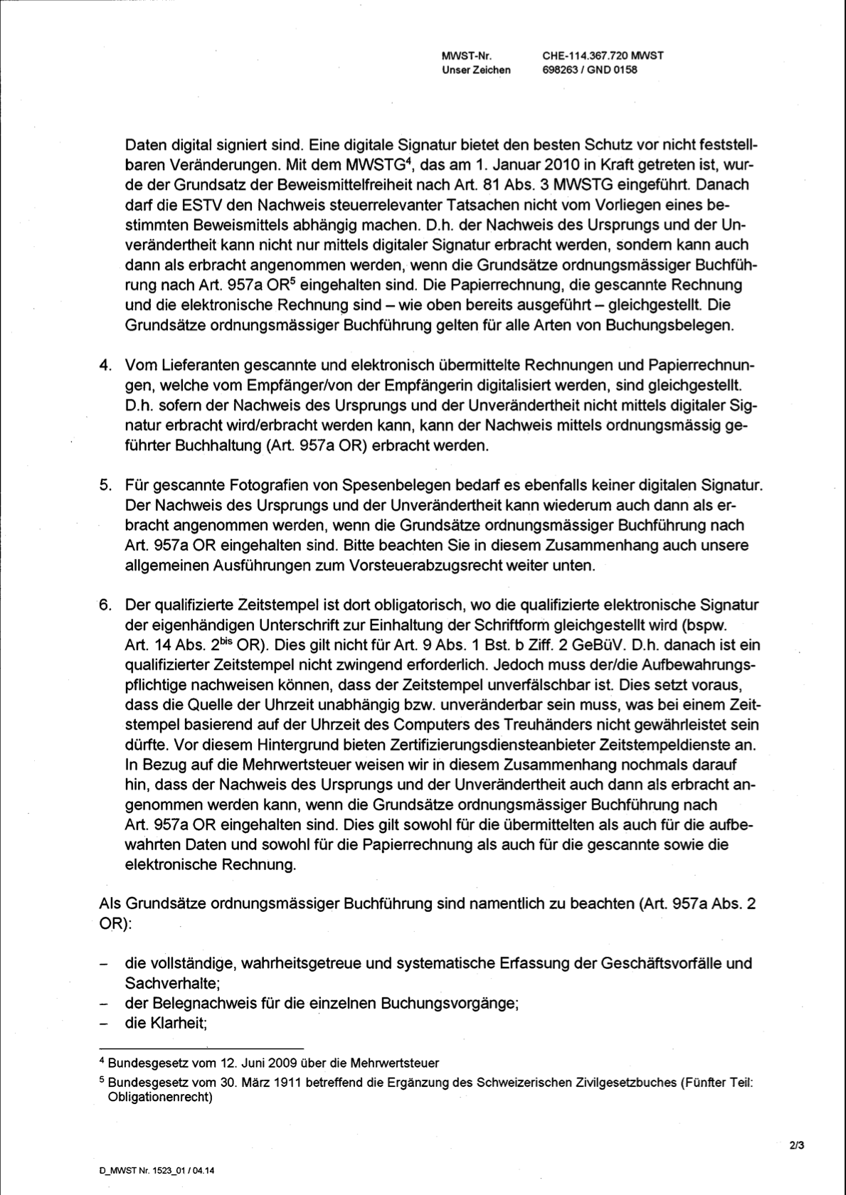 180221 Brief Praezisierung der ESTV zur Elektronischen Archivierung von Buchhaltungs Belegen