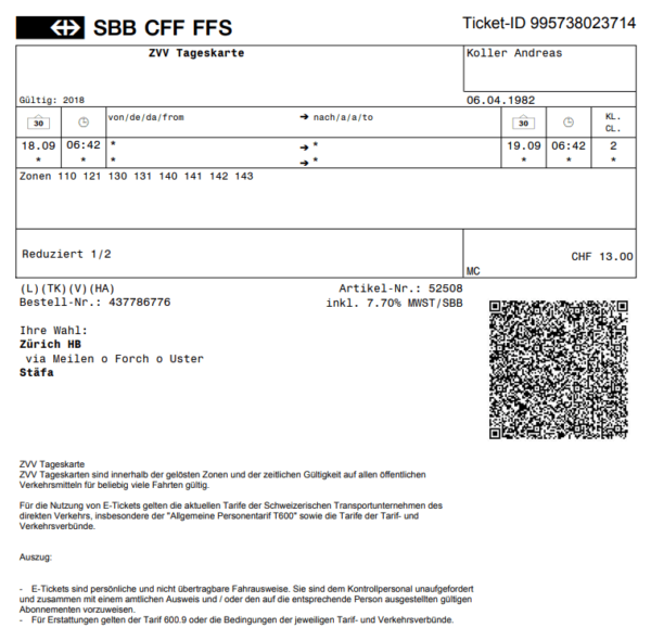 Rechnung SBB heruntergeladen mit Mehrwersteuer