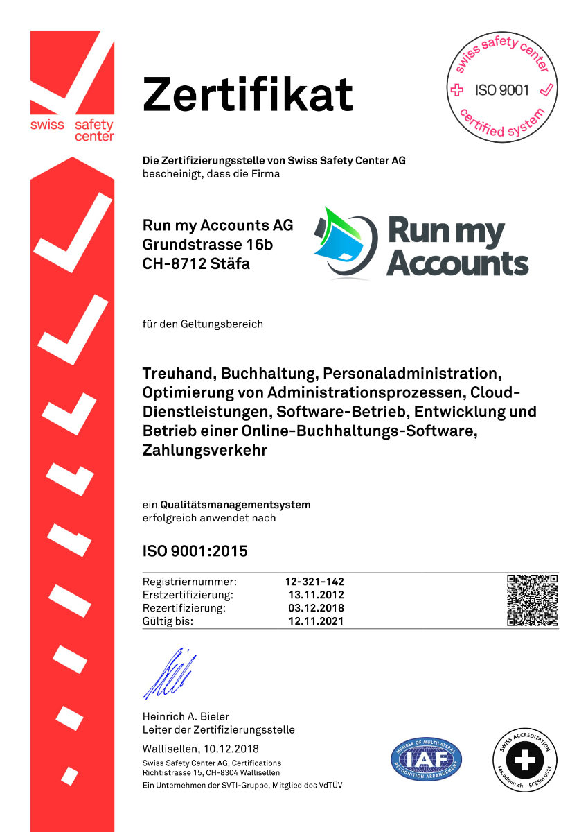 Zertifikat ISO 9001, Run my Accounts AG 2018