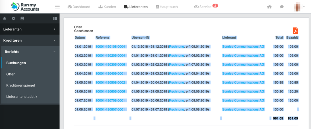 Export mit Copy Paste aus Run my Accounts