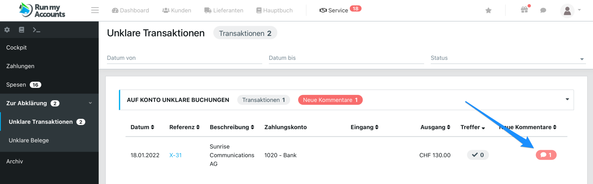 Unklare_Transaktionen_unklare Buchung mit Nachricht